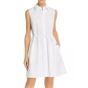 Theory White Belted Sleeveless Shirt Dress Cotton Stretch Size 8